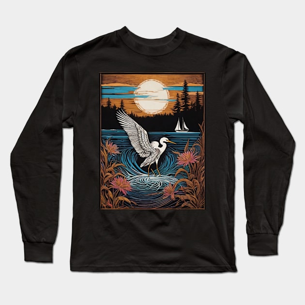 Egret with sun and sailboat in background Long Sleeve T-Shirt by ToochArt